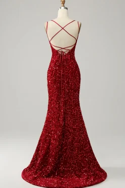 Vestido de baile sem mangas sereia vermelho