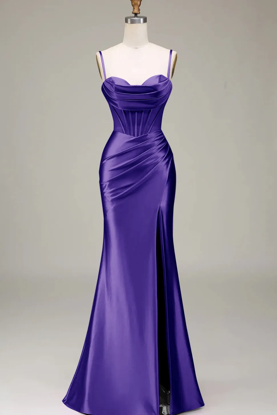 Vestido de baile sereia com alças finas azul royal e fenda