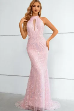 Vestido de baile sereia de lantejoulas rosa