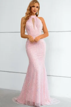 Vestido de baile sereia de lantejoulas rosa