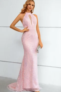 Vestido de baile sereia de lantejoulas rosa