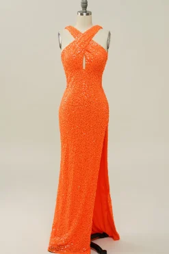 Vestido de Baile Sereia Halter Laranja