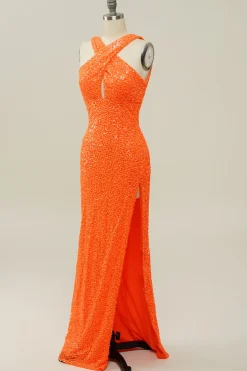 Vestido de Baile Sereia Halter Laranja