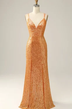Vestido de baile sereia lantejoulas laranja