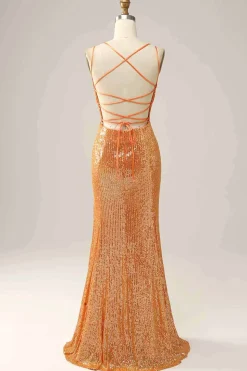 Vestido de baile sereia lantejoulas laranja