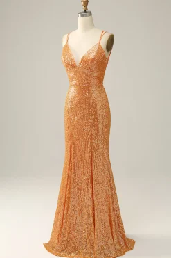 Vestido de baile sereia lantejoulas laranja