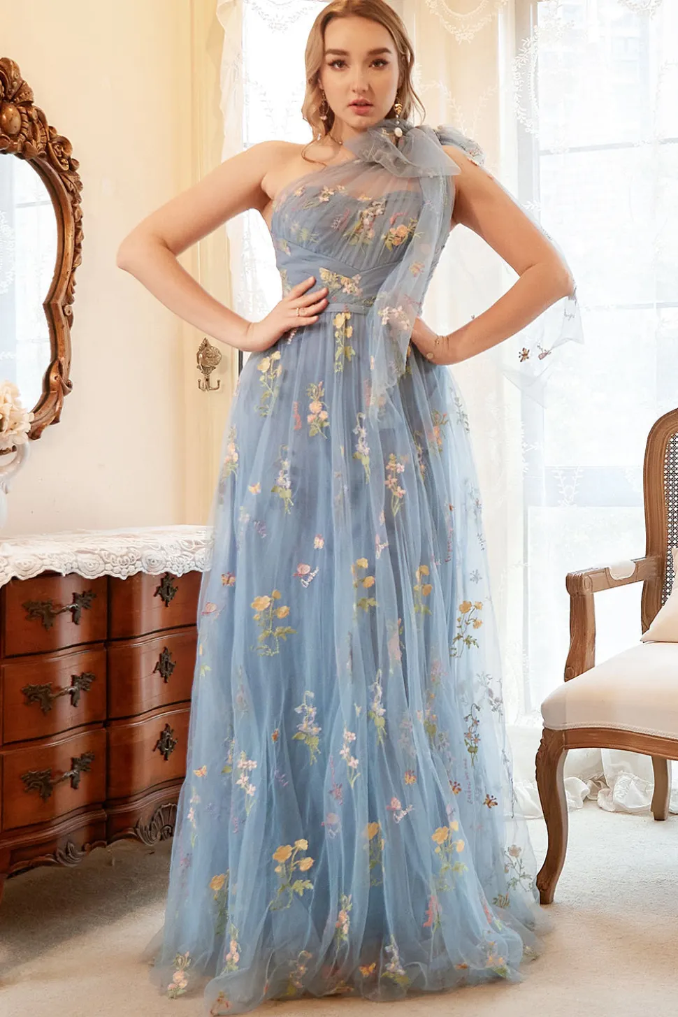 Vestido de Baile Um Ombro Azul Mais Tamanho Com Bordado