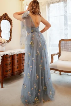 Vestido de Baile Um Ombro Azul Mais Tamanho Com Bordado