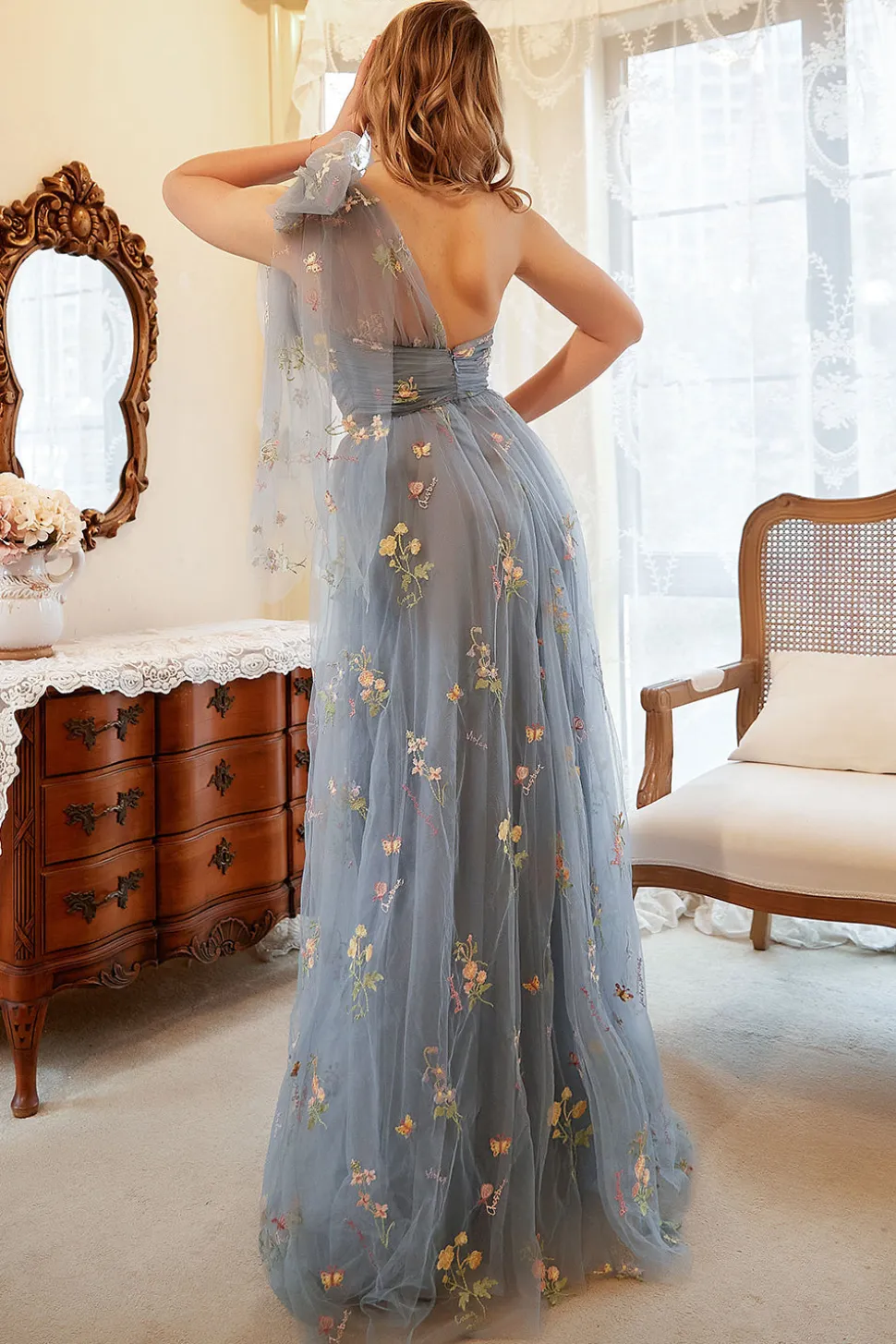 Vestido de Baile Um Ombro Azul Mais Tamanho Com Bordado