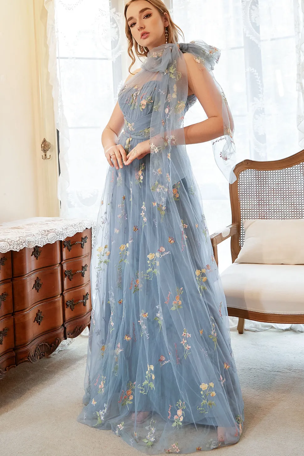 Vestido de Baile Um Ombro Azul Mais Tamanho Com Bordado