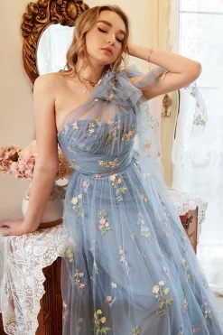 Vestido de Baile Um Ombro Azul Mais Tamanho Com Bordado