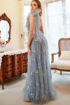 Vestido de Baile Um Ombro Azul Mais Tamanho Com Bordado