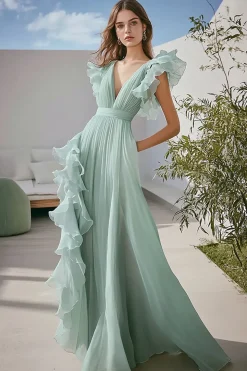 Vestido De Baile Verde Claro Linha-A Chiffon Decote em V Babado Longo