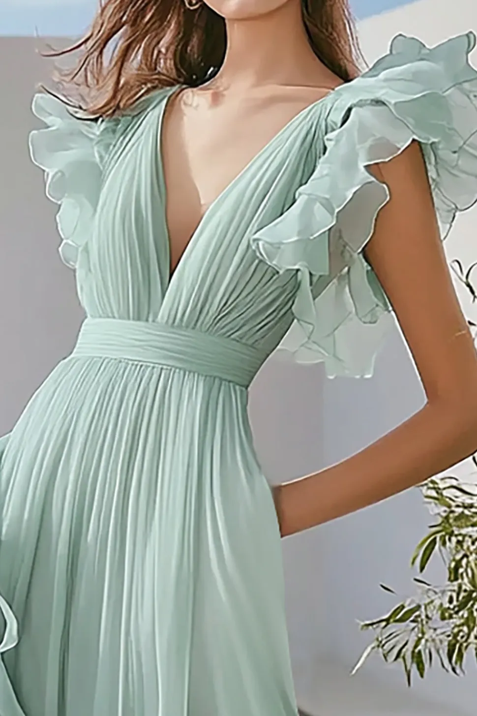Vestido De Baile Verde Claro Linha-A Chiffon Decote em V Babado Longo