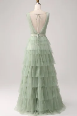 Vestido de baile verde plissado com fenda