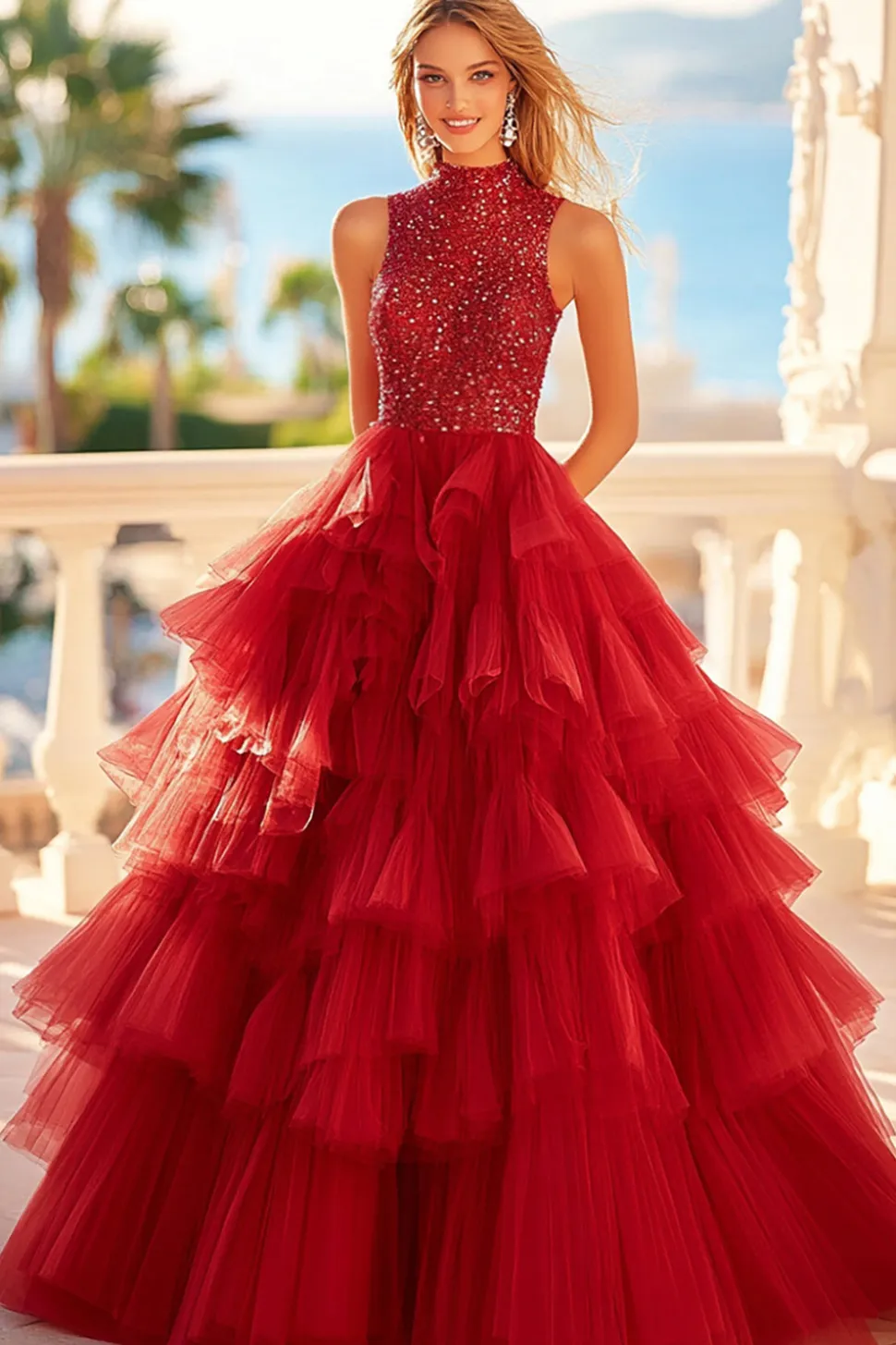 Vestido De Baile Vermelho Longo Tule Linha-A Pescoço Alto