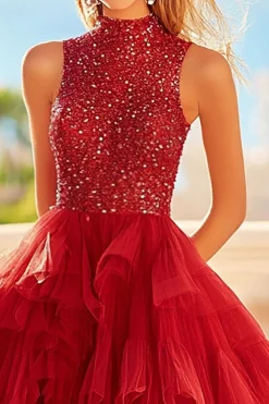 Vestido De Baile Vermelho Longo Tule Linha-A Pescoço Alto