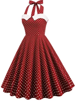 Vestido de balanço de bolinhas halter dos anos 50