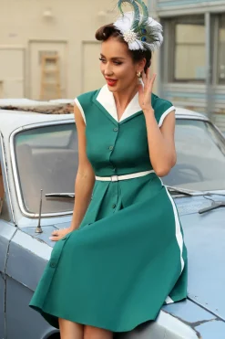 Vestido de balanço de lapel verde de 1950 com cinto