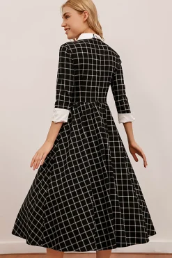 Vestido de balanço Midi xadrez preto vintage