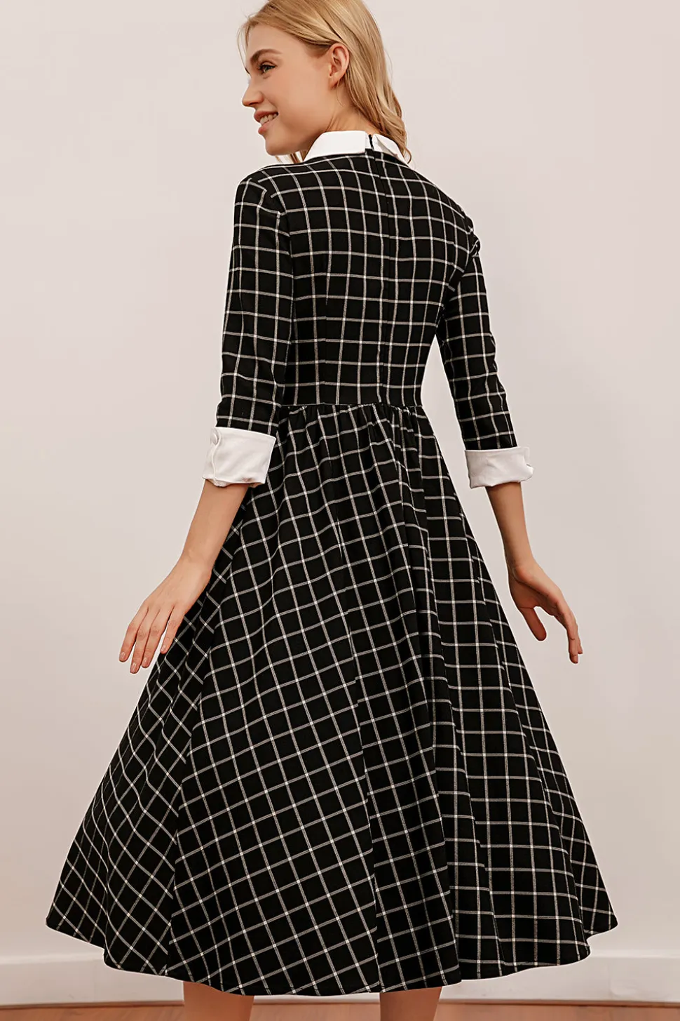Vestido de balanço Midi xadrez preto vintage