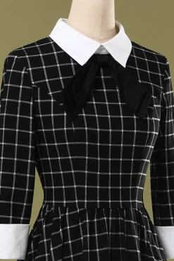 Vestido de balanço Midi xadrez preto vintage