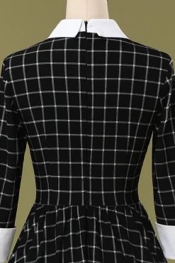 Vestido de balanço Midi xadrez preto vintage
