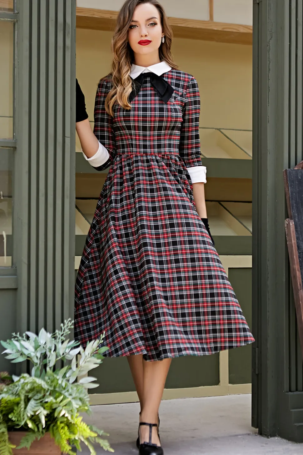 Vestido de balanço Midi xadrez preto vintage