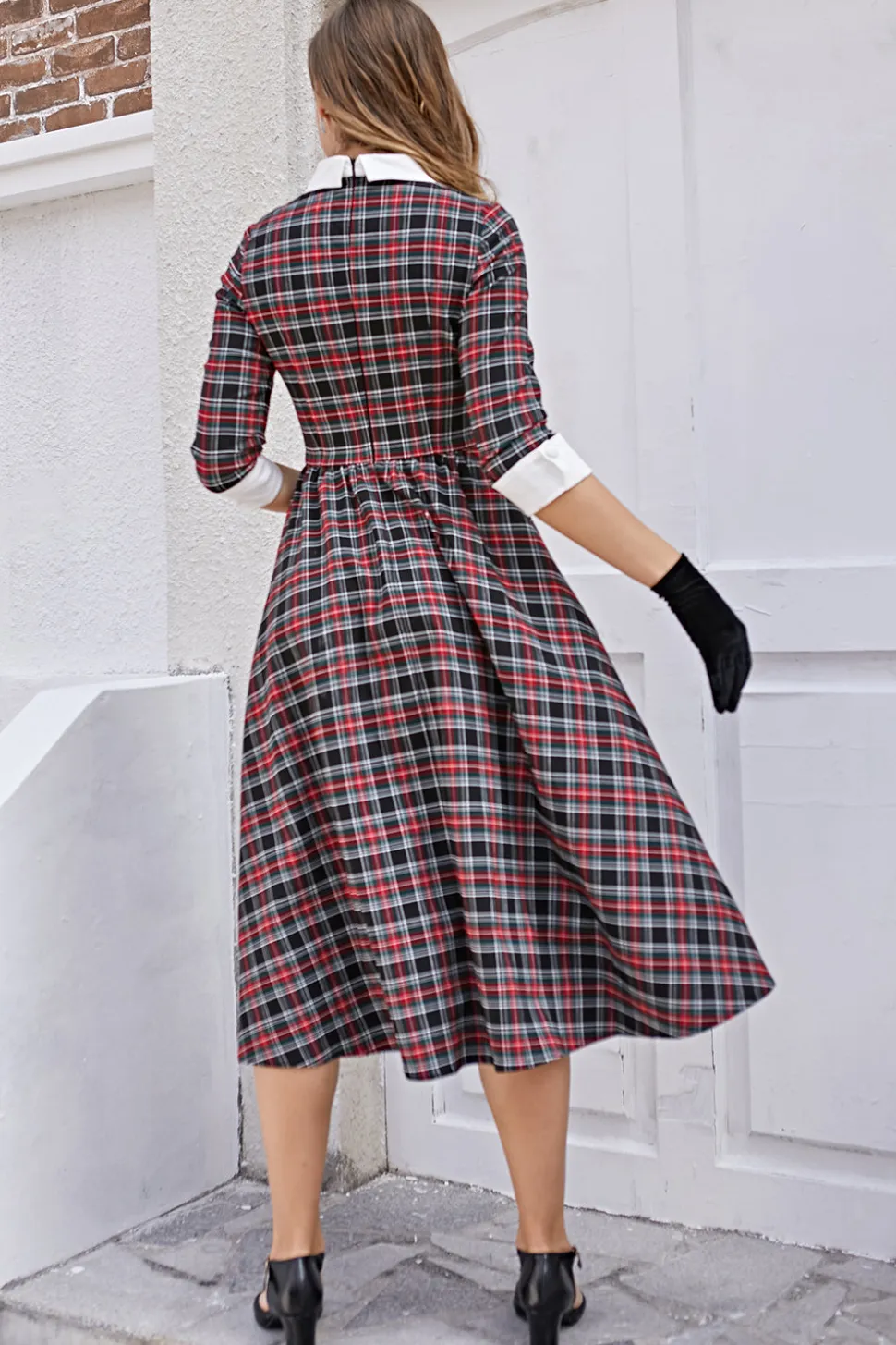 Vestido de balanço Midi xadrez preto vintage