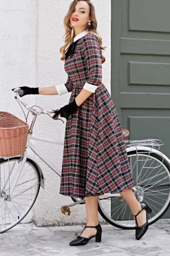 Vestido de balanço Midi xadrez preto vintage