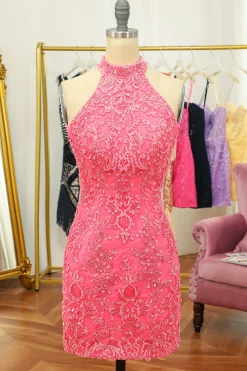 Vestido de boas-vindas rosa aberto frente única com renda e renda