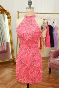 Vestido de boas-vindas rosa aberto frente única com renda e renda