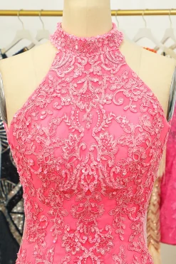 Vestido de boas-vindas rosa aberto frente única com renda e renda