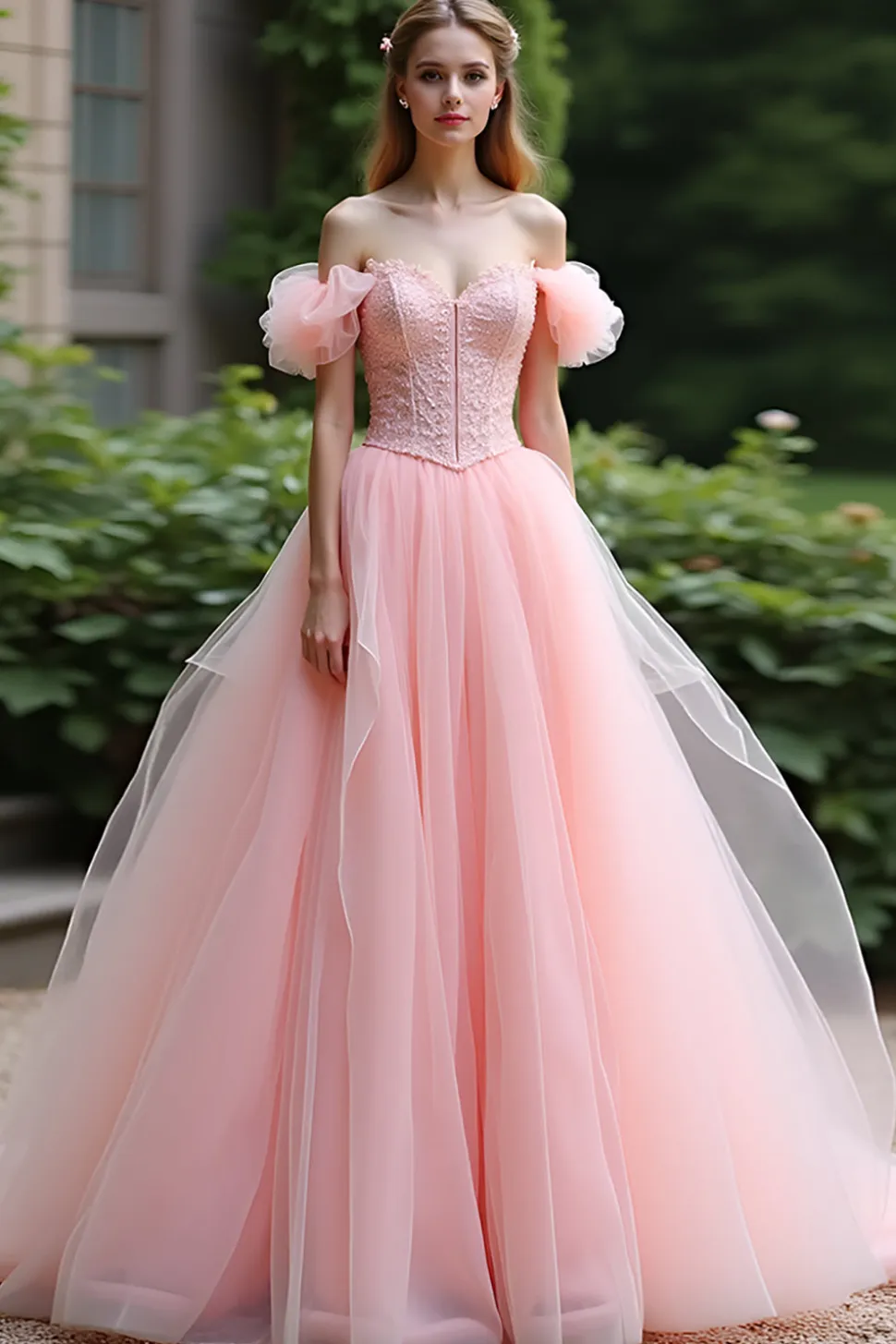 Vestido de bola rosa fora do ombro babados tule longo vestido de baile