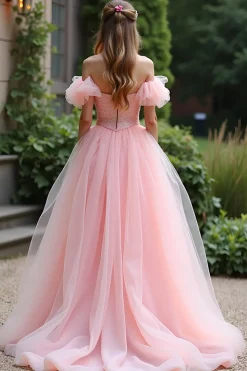 Vestido de bola rosa fora do ombro babados tule longo vestido de baile