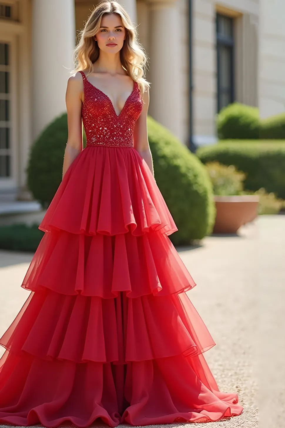 Vestido de bola vermelho brilhante Deep V Ruffles Tulle Long Prom Dress com frisado