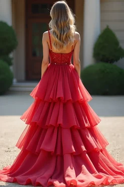 Vestido de bola vermelho brilhante Deep V Ruffles Tulle Long Prom Dress com frisado