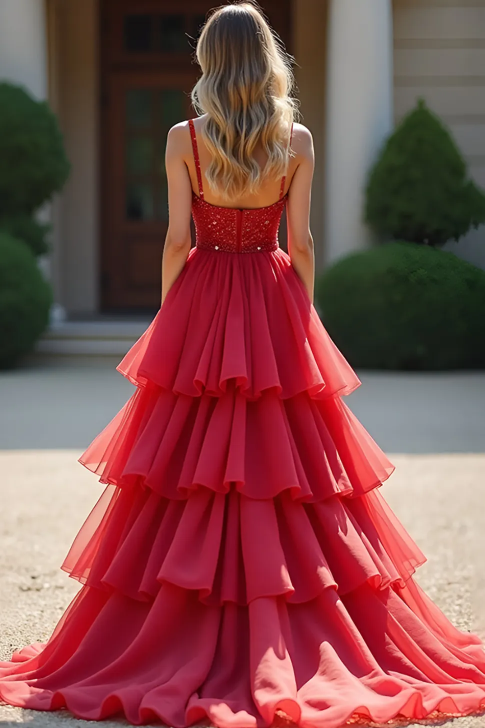 Vestido de bola vermelho brilhante Deep V Ruffles Tulle Long Prom Dress com frisado