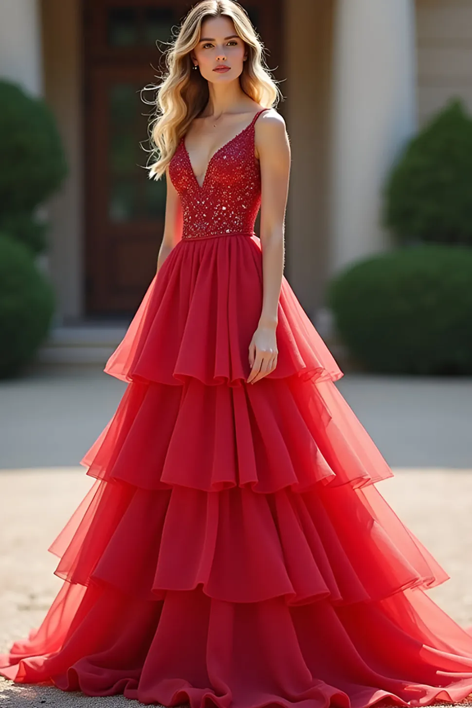 Vestido de bola vermelho brilhante Deep V Ruffles Tulle Long Prom Dress com frisado