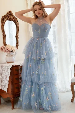 Vestido de Cerimónia Com Bordado Azul