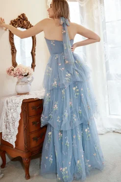 Vestido de Cerimónia Com Bordado Azul