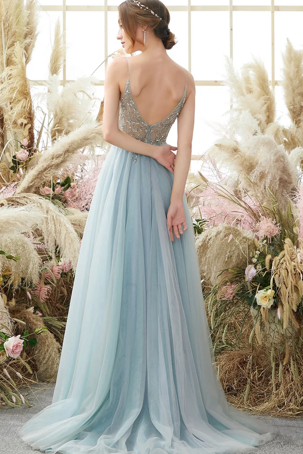 Vestido de Cerimónia Comprido Azul Claro Perolização