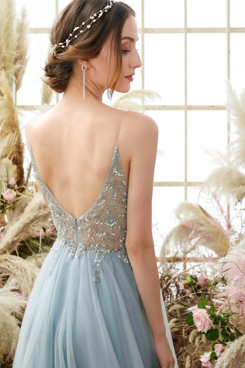 Vestido de Cerimónia Comprido Azul Claro Perolização