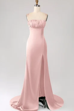 Vestido de cerimônia de cetim com alças finas sereia rosa empoeirado