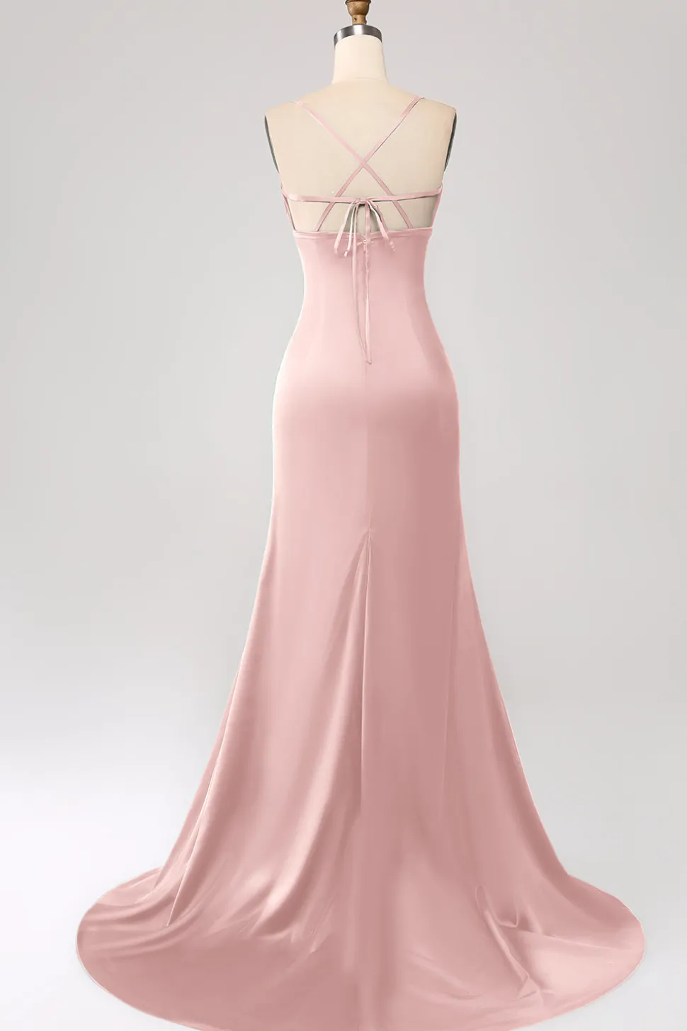 Vestido de cerimônia de cetim com alças finas sereia rosa empoeirado