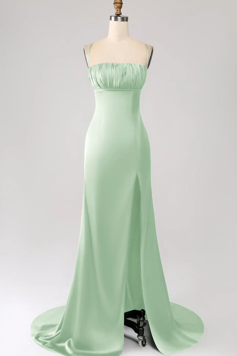 Vestido de cerimônia de cetim com alças finas sereia rosa empoeirado