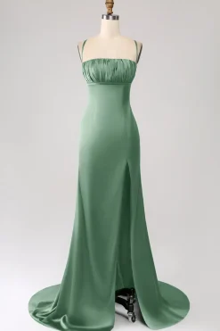 Vestido de cerimônia de cetim com alças finas sereia rosa empoeirado