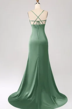 Vestido de cerimônia de cetim com alças finas sereia rosa empoeirado
