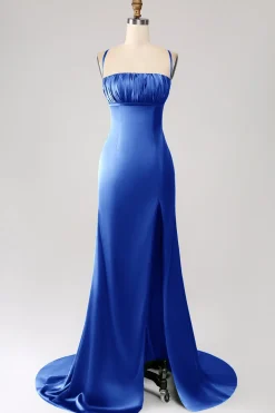 Vestido de cerimônia de cetim com alças finas sereia rosa empoeirado