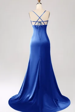 Vestido de cerimônia de cetim com alças finas sereia rosa empoeirado